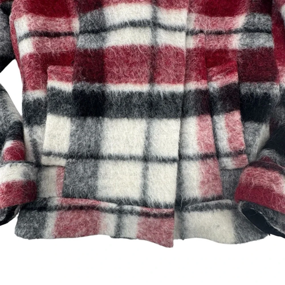 Zara Wool‎ Mohair Jacket Maroon/Black/White Plaid Asymmetric Snap Close Womens S